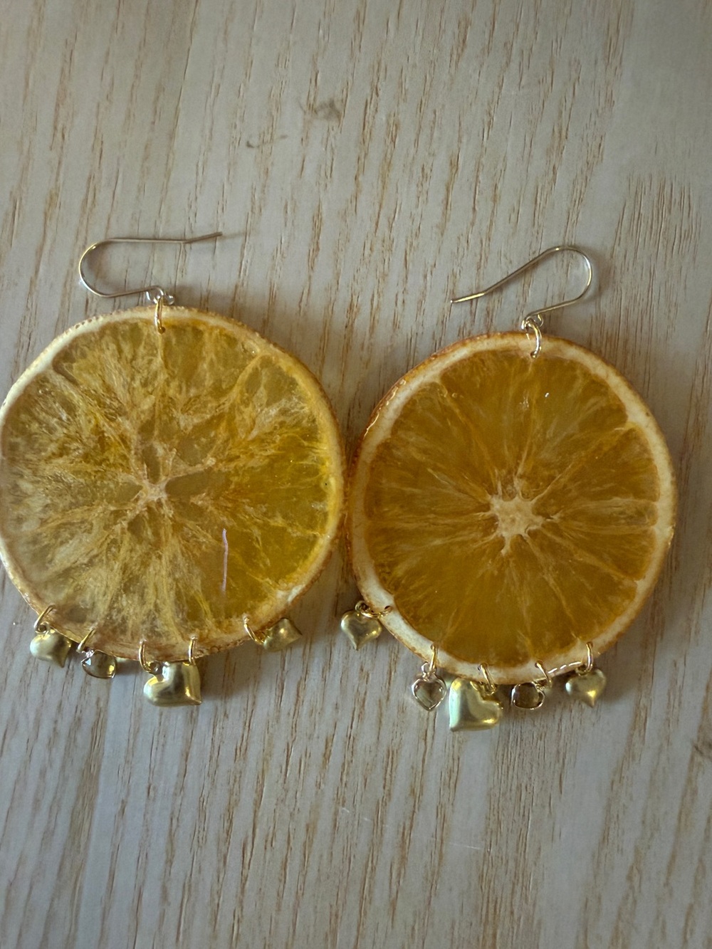 Custom Dried Orange Slice Dangle Earrings with Gold Hearts